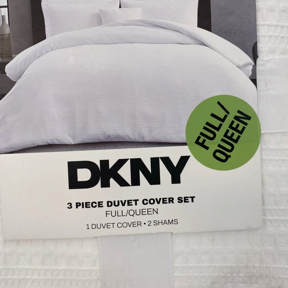 DKNY Duvet Cover Set Full/Queen White Mixed Waffle Textured Modern Bedding